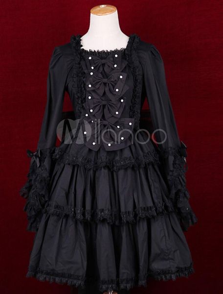 

black cotton square neck bow decoration long sleeves sweet lolita dress, Black;red
