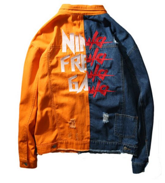 

Men Hi-street Hip Hop Jackets KANYE Oversize Jean Jacket Spring Color Contract Letters Design Ripped Coats