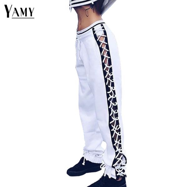 

new fashion drawstring lace up pants women patchwork cotton loose harem pants 2017 spring casual hip hop trousers sweatpants, Black;white