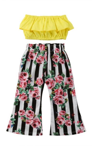 

baby girl off-shoulder shirt flower striped flare trousers pants summer outfits child baby girls kids clothes outfits 1-6t, White