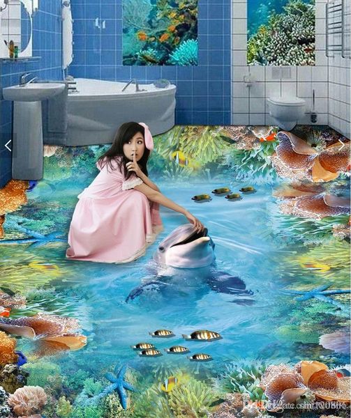 

3d pvc flooring custom photo Waterproof floor Dolphin Coral Fish living room washable wallpaper 3d wall murals wallpaper for walls 3 d