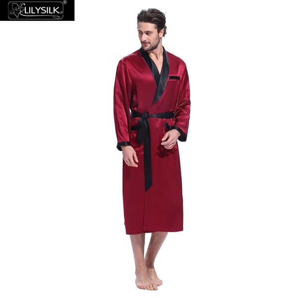 

lilysilk robe male natural chinese silk bathrobe for men sleepwear kimono contrast color designer long sleeve belt tier pockets, Black;brown