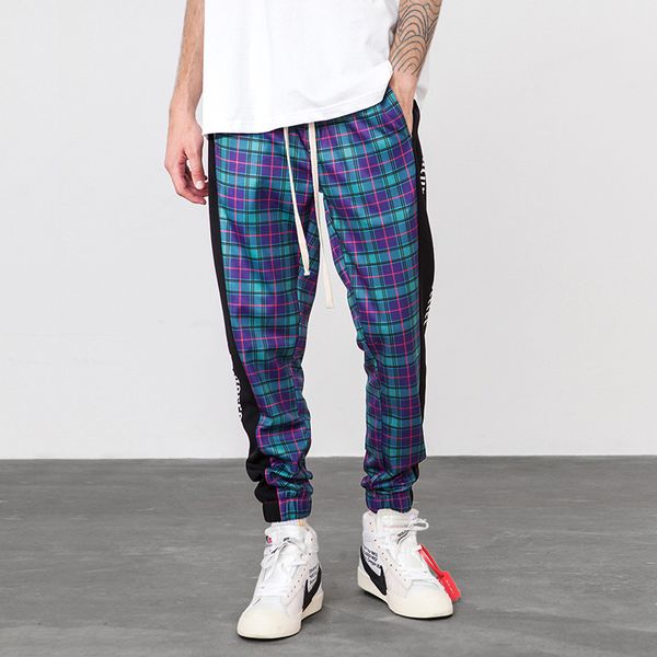 

harem pants scottish plaid side zipper track joggers straight pants mens hip hop hit color block patchwork streetwear, Black