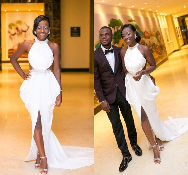 

2018 african nigerian black girls sheath wedding dresses halter neck beaded crystals front split floor length backless wedding bridal gowns, White