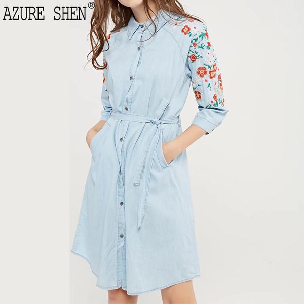 

azure shen] spring clothing 2018 new turn-down collar three quarter embroidery high waist a-line lady dress k1178, White;black