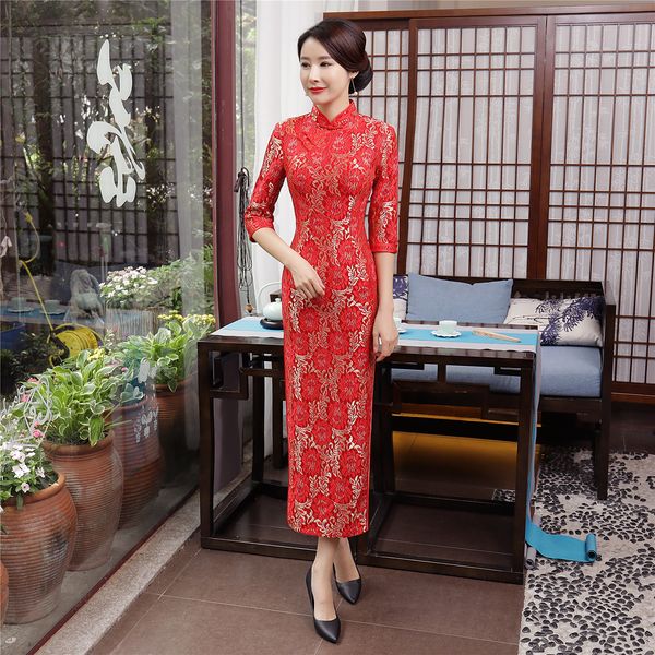 

Shanghai Story Женщины Китайский стиль платье Lace Long Qipao китайское традиционное платье 3/4