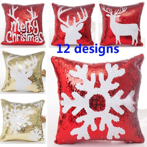 

double sequin christmas pillow case cover snowflake reindeer pillowcase home sofa car cushion cover xmas decoration without core hh7-1474