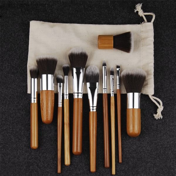 

11pc natural bamboo makeup bru he with bag profe ional co metic eyeliner bru h kit oft kabuki foundation blending tool dhl