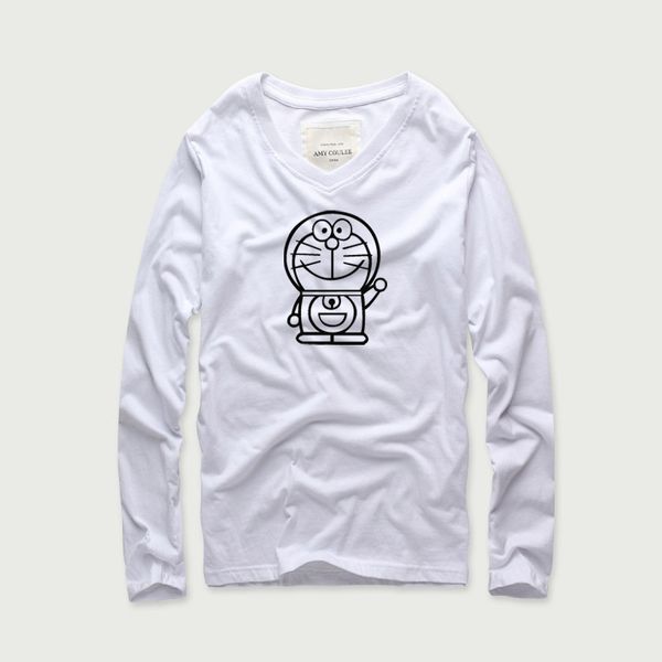 

akkad 2018 autumn doraemon logo print anime t shirt men 100% cotton spandex v-neck long sleeve t-shirt men loose oversize s-xxxl, White;black