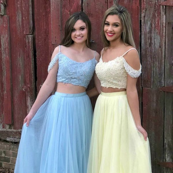 

off the shoulder prom dress pearls beaded sequin two piece empire waist tulle evening dresses formal dress a-line party pageant dress, Black