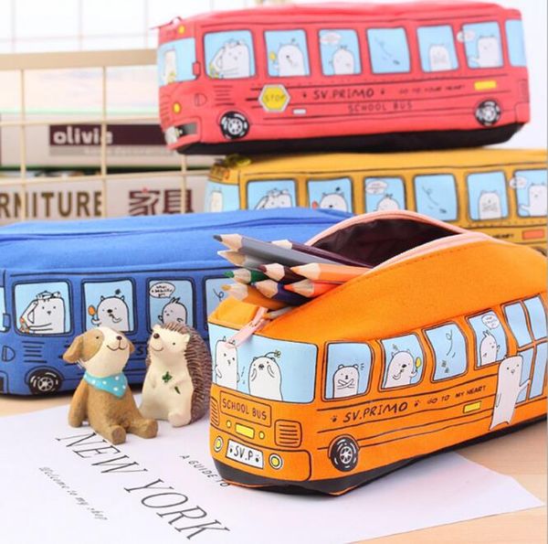 Kinder-Bleistift-Kasten-Karikatur Schule Bus Auto-Briefpapier-Tasche Niedliche Tiere Leinwand Bleistift-Beutel für Jungen, Mädchen, Schulbedarf Spielzeug Geschenke