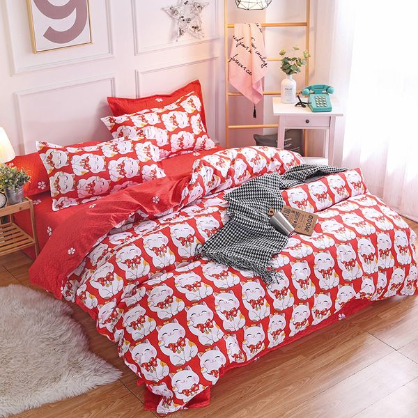 

cartoon cat luxury bedding set bed set twin  king bed linens white red duvet cover sheet children fashion bedclothes