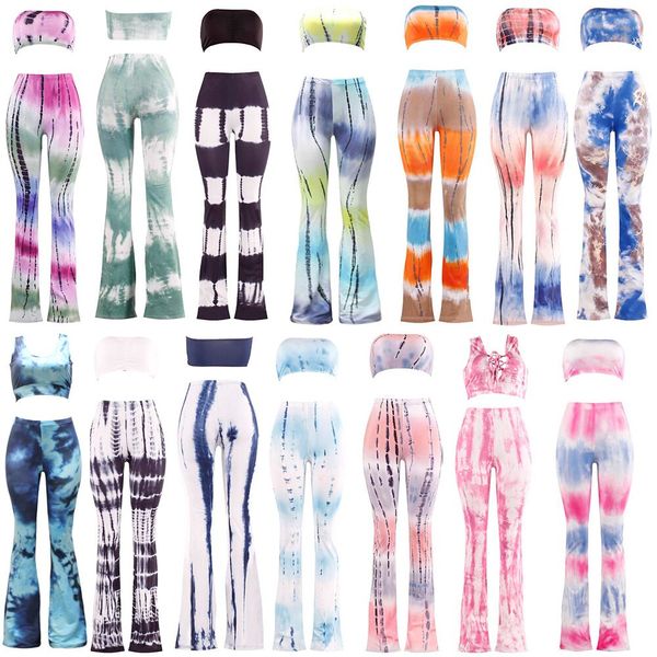 

tie-dye bandage pants flared suit with bra women's two piece pants women's long pants trousers, White