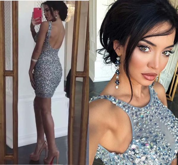 

backless crystals cocktail party dresses 2019 arabic illusion sheer sheath short mini length pageant formal gowns club wear m35, Black