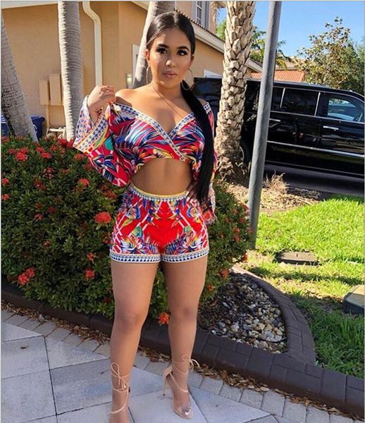 

women's floral print v neck short sleeve fashion two pieces 2018 ing, Red