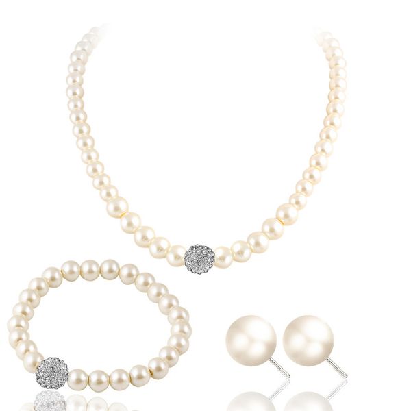 

fashion bridal jewelry sets imitation pearls wedding earrings crystal necklace party beads bracelet accessories party gifts, Silver