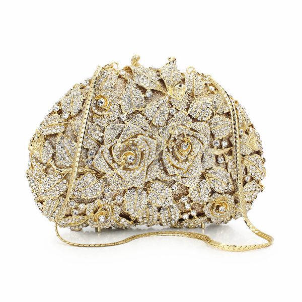 

rose women purse bag gold chain rhinestone crystal clutch evening bag floral pattern pakistani bridal clutch(88162a-gs