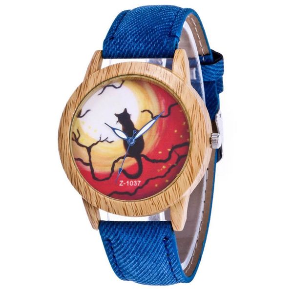 

cute cat pattern fashion girls quartz wristwatches denim strap alloy case women dress watch for dropshipping montre femme 2018, Slivery;brown