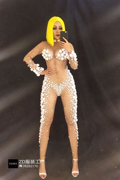 

women white hair ball rhinestone jumpsuit night club female singer dance costume costume party celebration birthday, Black;white