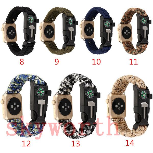 

Woven rope watch trap for apple watch band 42mm 38mm camouflage camo urvival outdoor nylon trap with whi tle compa flint
