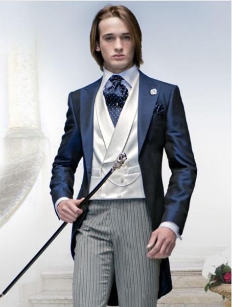

new arrival -- custom made peaked lapel blue tailcoat men party groomsmen suits in wedding tuxedos(jacket+pants+tie+vest) no;307, Black;gray