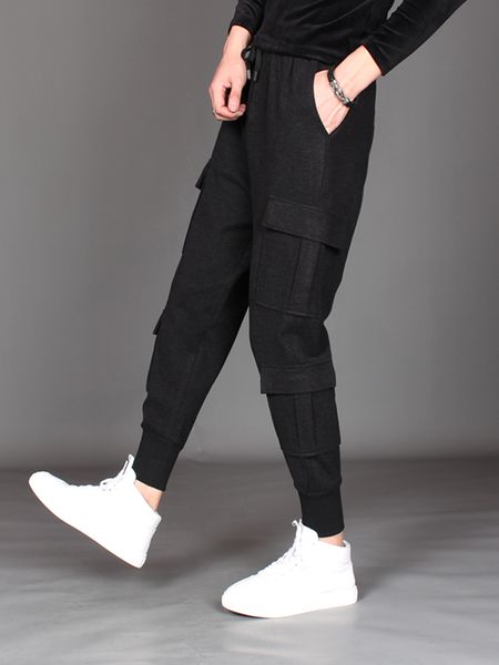 

2018 new men's clothing hair stylist gd fashion personality loose multi pocket woolen harem pants overalls plus size costumes, Black