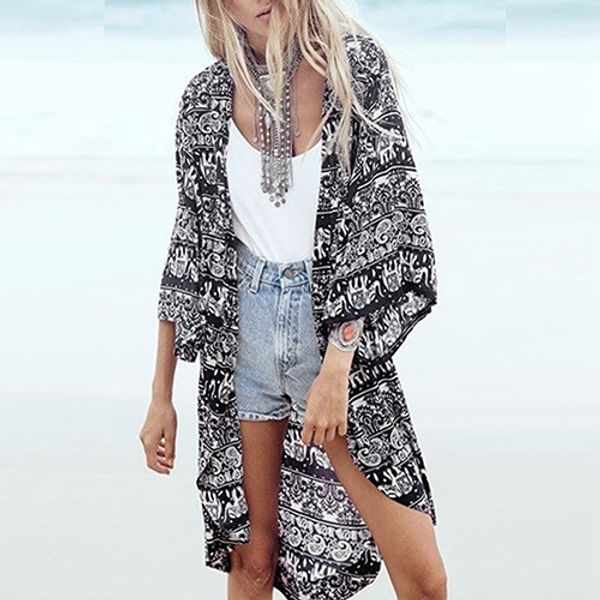 

2016 new women fashion boho kimono summer loose floral printed blouse top, White