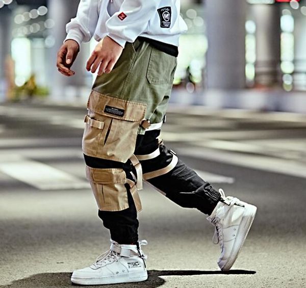 

casual pants men's 2018 harem sweatpants color block patchwork ribbons side pockets joggers fashion trousers, Black