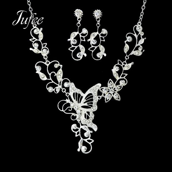 

jufee luxury silver color shiny clear rhinestone butterfly choker necklace and dangle earrings wedding jewelry sets