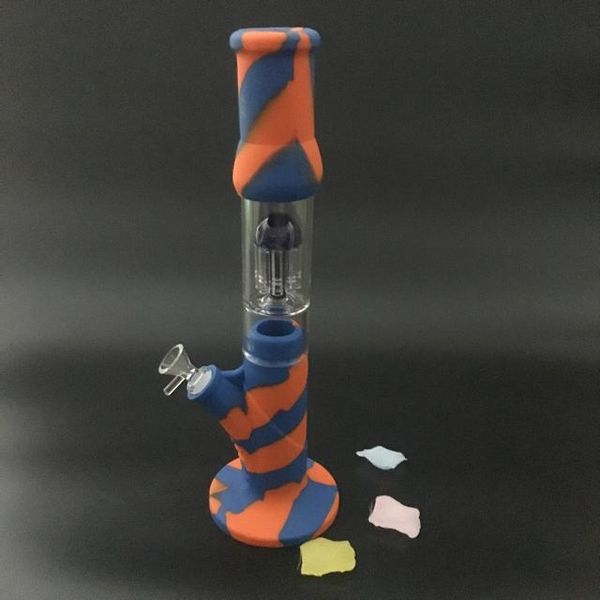 Alta Qualidade Silicone Bongs Hookah Tube com vidro 8 braço Árvore Permeor 14.5 polegadas Dab Rig