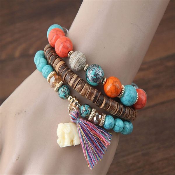 

women fashion bracelet multilayer beads bangle cotton tassels elephant bracelets gift for women ladies bohemian jewelry lx, Golden;silver