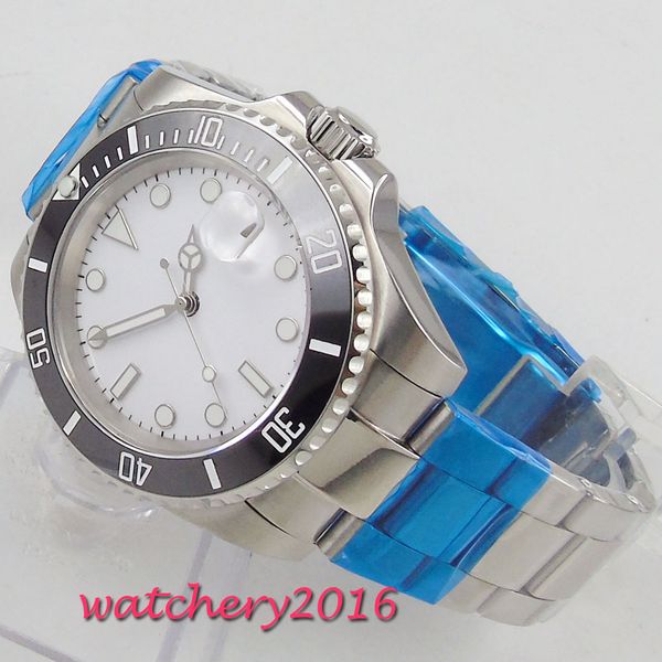 

new 40mm sterile white dial sapphire glass ceramic bezel luminous hands canlendar automatic movement men's watch, Slivery;brown
