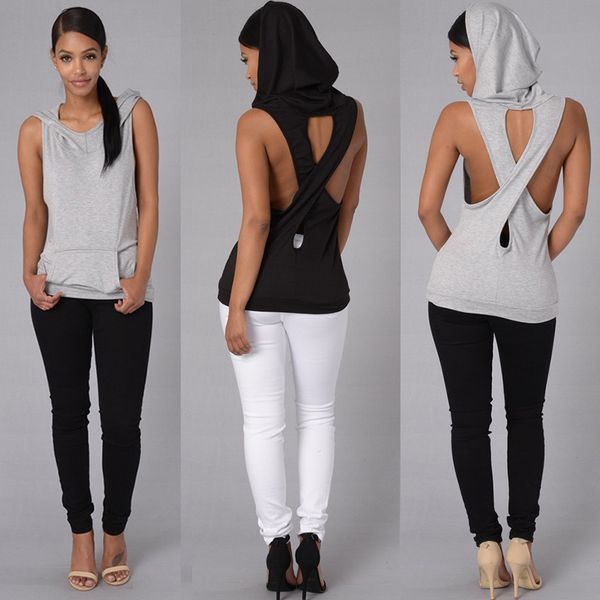 

fashion women tank hooded back cross hollow street wear sleeveless vest for women pp800e, White