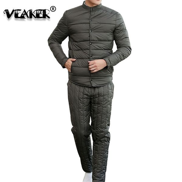 

new autumn winter mens down cotton set men tracksuit thicken down coat pants casual sportwear suit jacket male sweatshirt sets, Gray