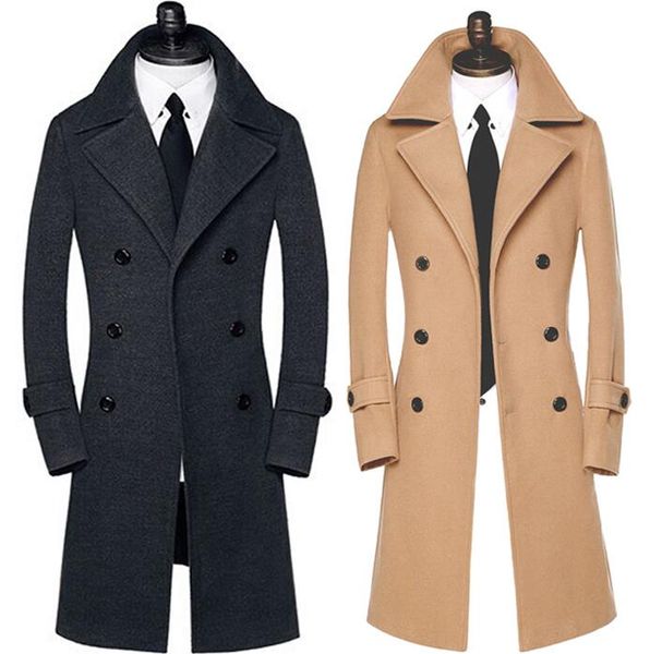 

khaki casual long woolen coat men double-breasted trench coats long sleeves overcoat mens cashmere coat casaco masculino 9xl 795, Black