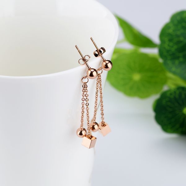 

simple round ball ladies earrings round ball square fringe earrings long earrings with accessories rose gold color, Golden;silver