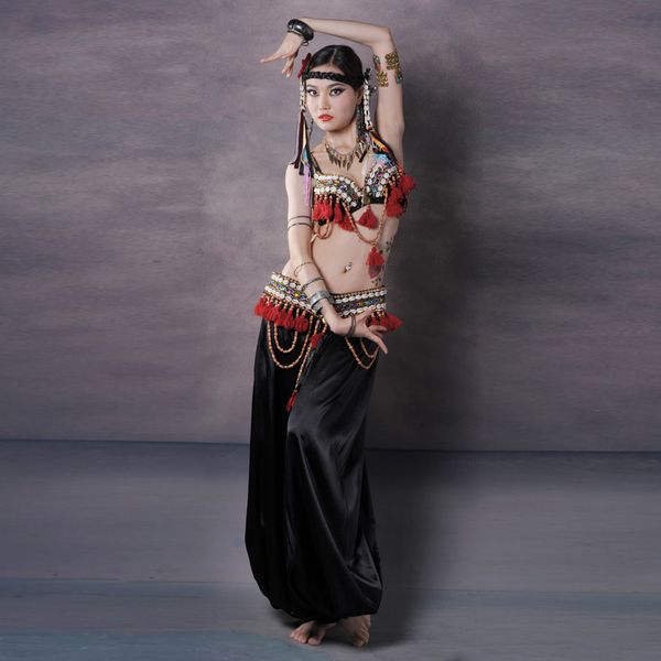 

professional dancewear tribal belly dance costumes set 3pcs bra belt pants gypsy outfit women belly dance pants costumes, Black;red