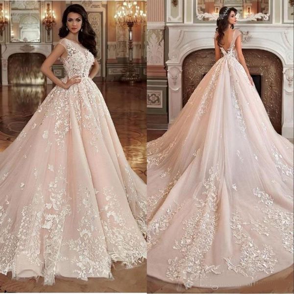 Splendidi abiti da sposa rosa cipria Abiti da sposa Abito da ballo Collo trasparente Fiori 3D Abito da sposa in pizzo con applicazioni sul retro1811