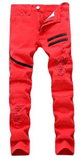 

men's multi-zipper jeans distressed ripped hole skinny slim fit denim pants, Blue