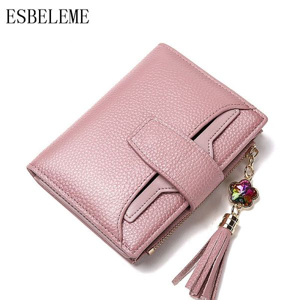 ESBELEME Portafogli corti in vera pelle da donna per nappe femminili Fermasoldi Nero Blu Viola Rosa Borsa da donna in pelle di mucca YG254