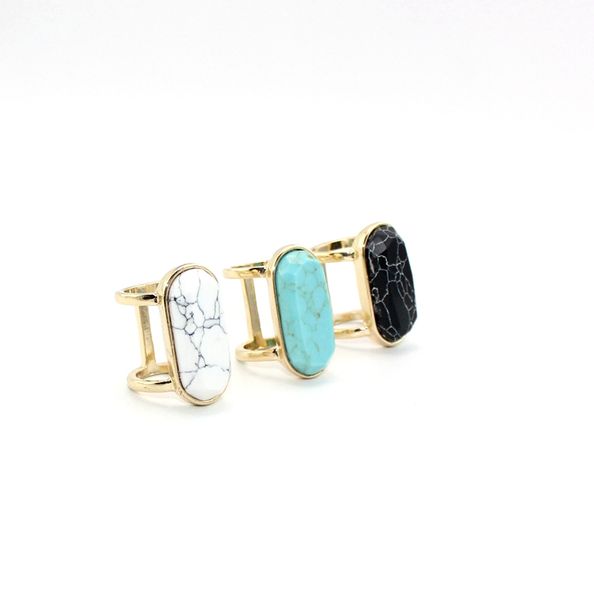 

gold plated natural stone ring facet geometry oval white blue turquoise ring for women jewelry, Golden;silver