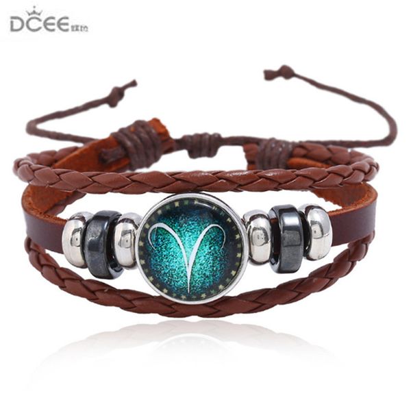 

korean version simple fashion twelve constellation diy bracelet leather woven beads bracelet jewelry lovers, Black