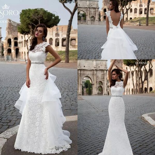 

2019 elegant white full lace mermaid wedding dress with detachable tiered skirts lace beads sash backless bridal gowns robe de mariée
