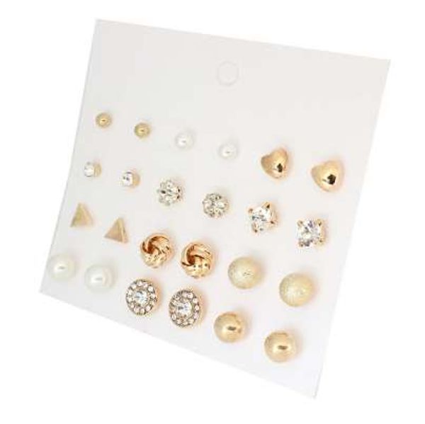 

korea style 12 pairs sets round square ball alloy crystal stud pearl earrings for women selling cute stud earring, Golden;silver