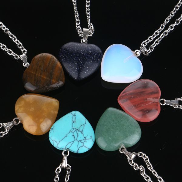 

heart shape love pendant necklaces crystal turquoise natural gem stone charm silver chain for women fashion jewelry