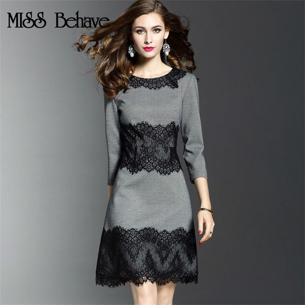 

miss behave 2017 autumn new fashion trends large size women's waist was thin lace stitching round neck long-sleeved dress, White;black
