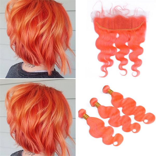 2020 Burnt Orange Peruvian Human Hair Weave 3 Bundles With Frontal