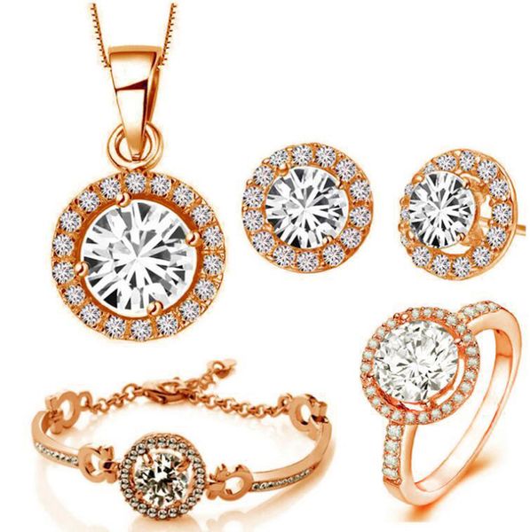 Moda 18k Rose Gold Banhado Brilhante Zircão Colar De Cristal Brincos Brincos Anel Jóias Conjunto Para Mulheres Conjunto de Jóias De Casamento 4 Pçs / Set