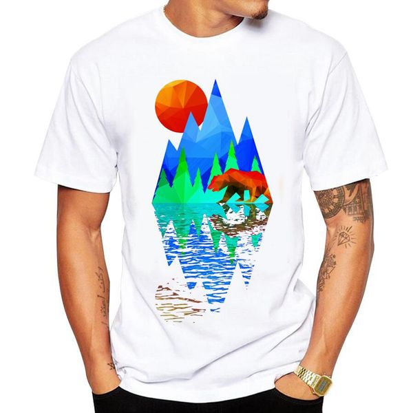 

2018 fashion men's t-shirt new short-sleeved summer bear mountain range printing t shirt men cotton comfortable casual tshirt, White;black