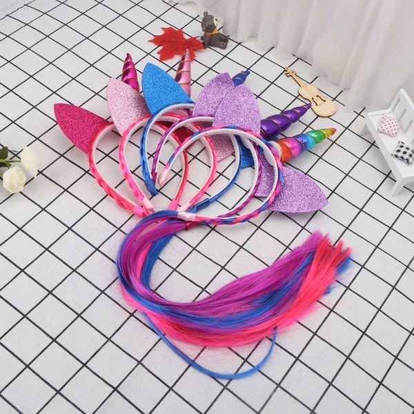 

cute rainbow color ponytail unicorn headbands glitter ears kids wig hair accessories
